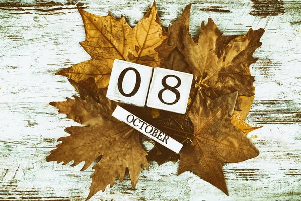 Calendário Madeira Outono Folhas Fundo Com Data Outubro — Fotografia de Stock