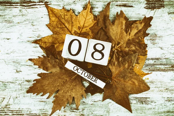 Calendrier Bois Sur Fond Feuilles Automne Avec Date Octobre — Photo