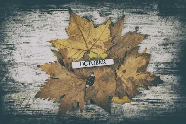 Inscription October Autumn Leaves Wooden Background — Foto de Stock