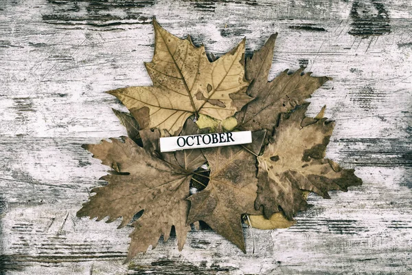 Inscription October Autumn Leaves Wooden Background — Foto de Stock