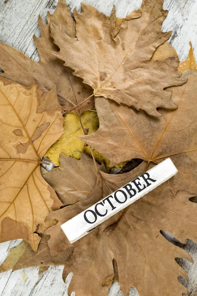 Inscription October Autumn Leaves Wooden Background — 图库照片