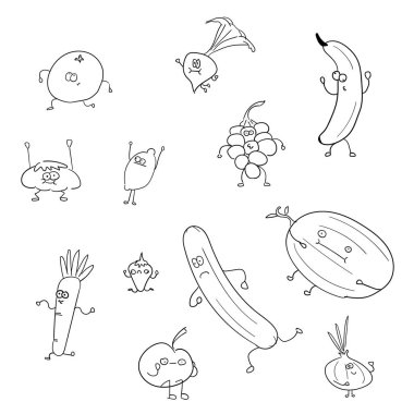 Elle çizilmiş meyve ve sebzeler.