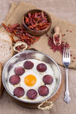 Kahvaltı konsepti, sosis ve tavada yumurta.