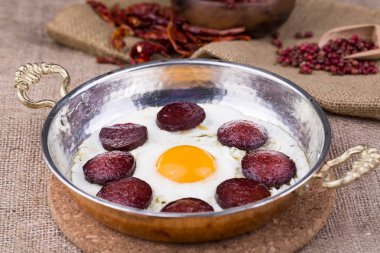 Kahvaltı konsepti, sosis ve tavada yumurta.