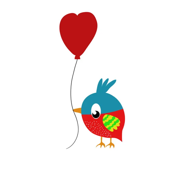 funny bird with heart shaped balloon on white background