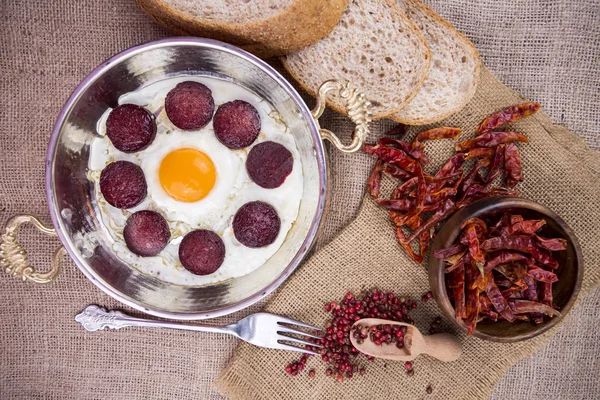 Breakfast Concept Sausages Eggs Frying Pan — Foto de Stock