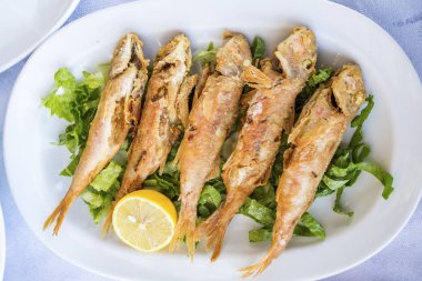 grilled fish with lemon and green leaves on white plate