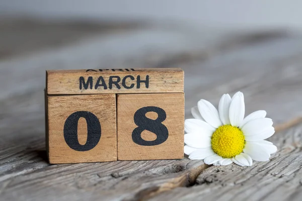 White Daisy Flowers Calender Wooden Surface Women Day Concept — Fotografia de Stock