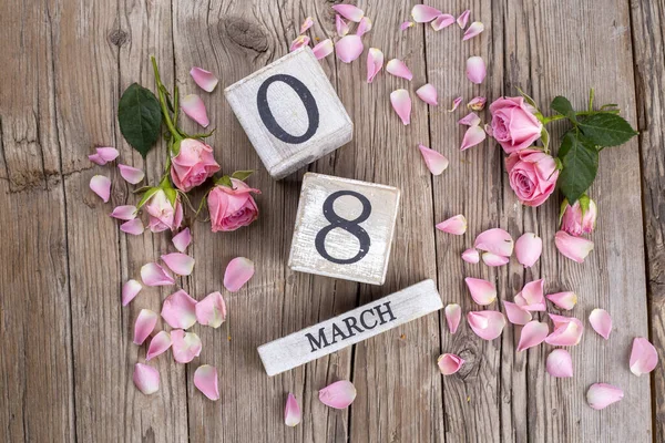 Marzo Calendario Madera Rosas Rosadas Día Internacional Mujer — Foto de Stock