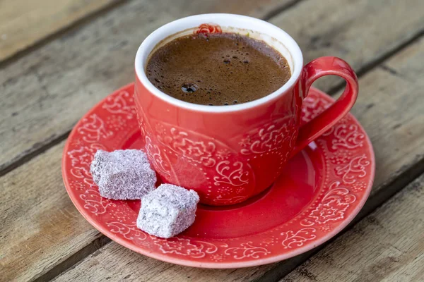 Turkish Coffee Red Cup Wooden Table — Stock Photo, Image