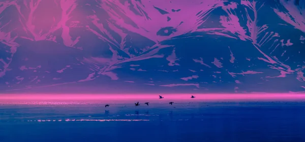 Landschaft einer rosa Morgendämmerung in den Bergen von Spitzbergen Vögel Jäger in der Reflexion des Wassers des Fjords Norwegen, Spitzbergen, longyearbyen, Spitzbergen — Stockfoto