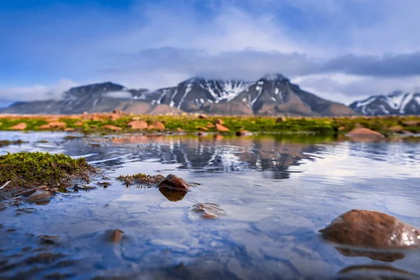 Krajina Severního ledového oceánu a reflexe s modrou oblohu a hory sněhu za slunečného dne, Norsko, Špicberky, Longyearbyen, Špicberky, léto, — Stock fotografie