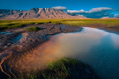 Manzara doğa çim bulutlu Spitsbergen Svalbard Norveç city Longyearbyen yakınındaki dağlarda günbatımı bir gökyüzünün