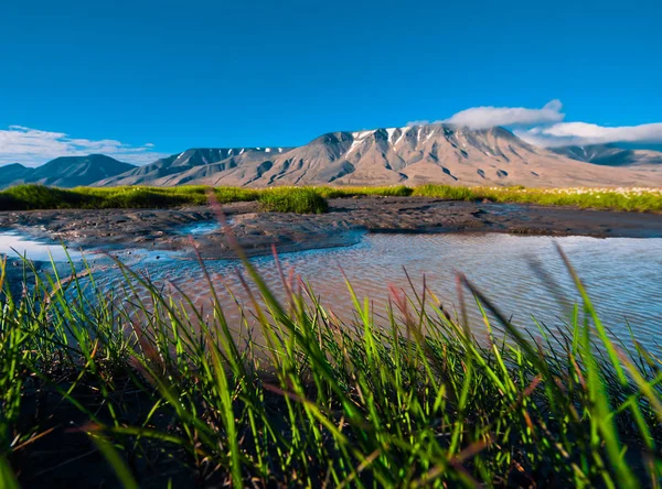 Manzara doğa çim bulutlu Spitsbergen Svalbard Norveç city Longyearbyen yakınındaki dağlarda günbatımı bir gökyüzünün