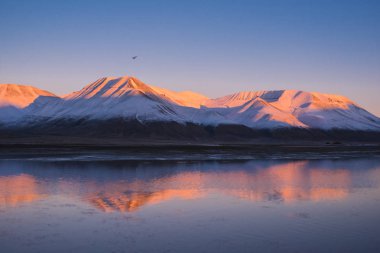 Doğada Spitsbergen Svalbard yansıma okyanus Dağları Norveç şehir Longyearbyen yakınında bir pembe günbatımı manzara
