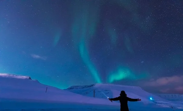 Sarki Sarkvidéki Northern Lights Aurora Borealis Csillag Norvég Svalbard Ember — Stock Fotó