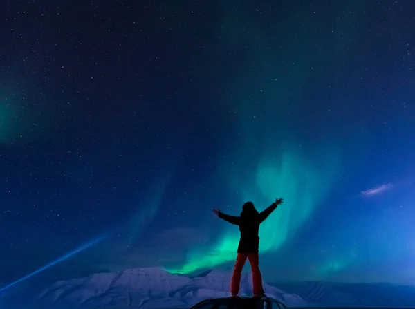 Artico Polare Aurora Boreale Cielo Stella Norvegia Svalbard Uomo Longyearbyen — Foto Stock