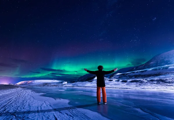 Ártico Polar Luzes Norte Aurora Boreal Céu Estrela Noruega Svalbard — Fotografia de Stock