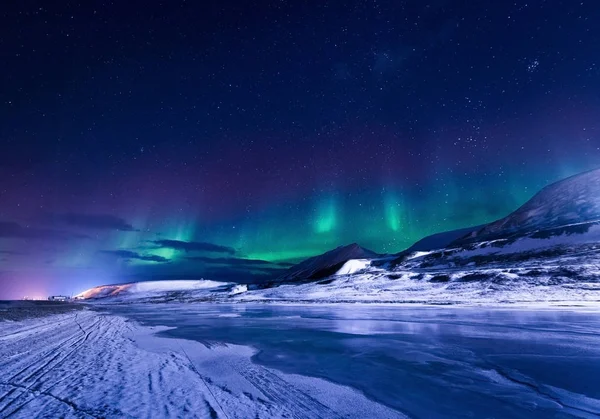 Kutub Utara Cahaya Aurora Bintang Langit Borealis Norwegia Svalbard Longyearbyen Stok Lukisan  