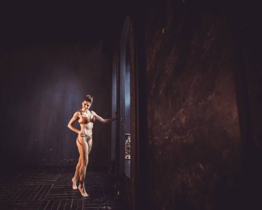 Fitness dayanıklılık antrenmanı. Kaslı vücut geliştirici. İç çamaşırlı seksi spor kızı.