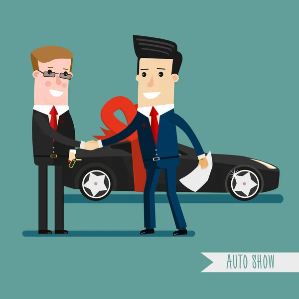 Un uomo d'affari o un manager ha in mano una chiave di un'auto nuova. Happy, sorridi. Concetto di business illustrazione cartone animato . — Vettoriale Stock