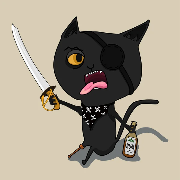 Pirata gato com uma garrafa de rum e uma lâmina. Gato de desenho animado preto bonito. Um bigode grande. Personagem engraçado. Design plano. Isolado. Ilustração vetorial — Vetor de Stock