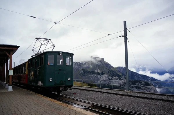 Retro tren Wilderswil Schynige platte sis ve arka plan olarak Alp ormanın çarpıcı görünümü ile seyahat