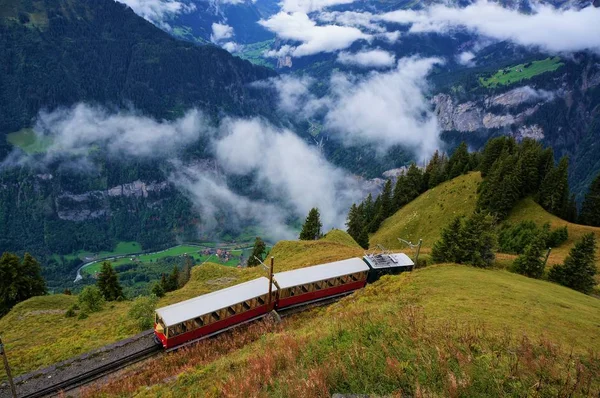 Pociąg retro z Interlaken, Wilderswil Schynige Platte i przepięknym widokiem lasu alpejskiego, pasmo górskie i mgły jako tło — Zdjęcie stockowe