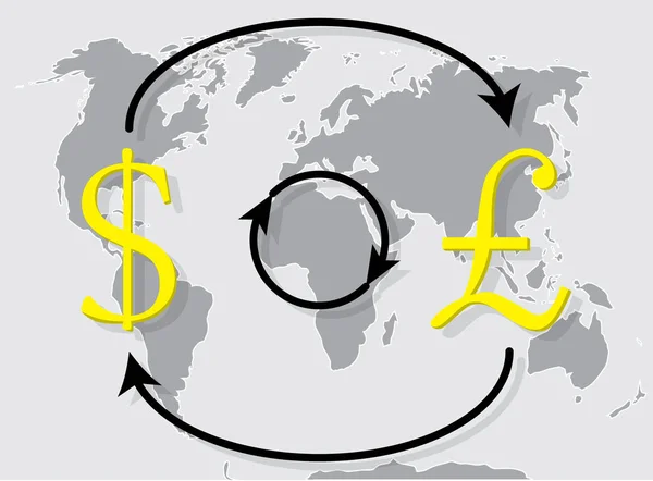 Cambio de divisas libra esterlina dólar en el mapa del mundo fondo — Vector de stock