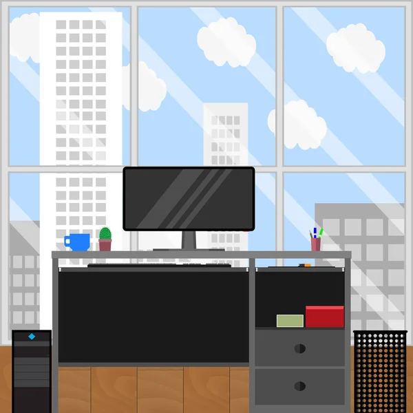 Computer station and urban landscape from window — Stock Vector