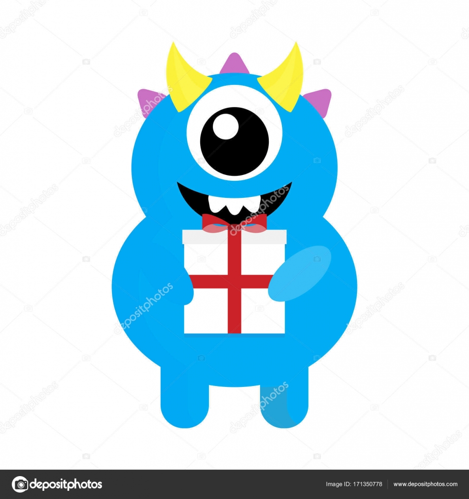 Cyclope de monstre mignon avec cadeau — Image vectorielle Cyclope de monstre mignon avec cadeau — Image vectorielle