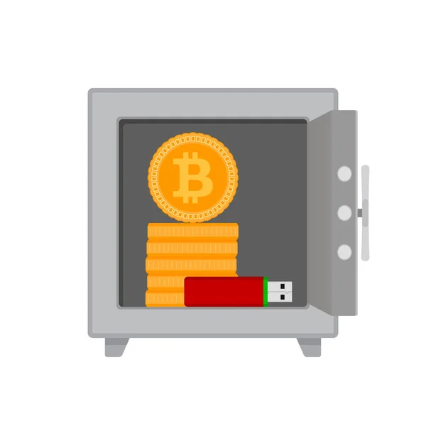 Seguro com moedas bitcoin e drives flash —  Vetores de Stock