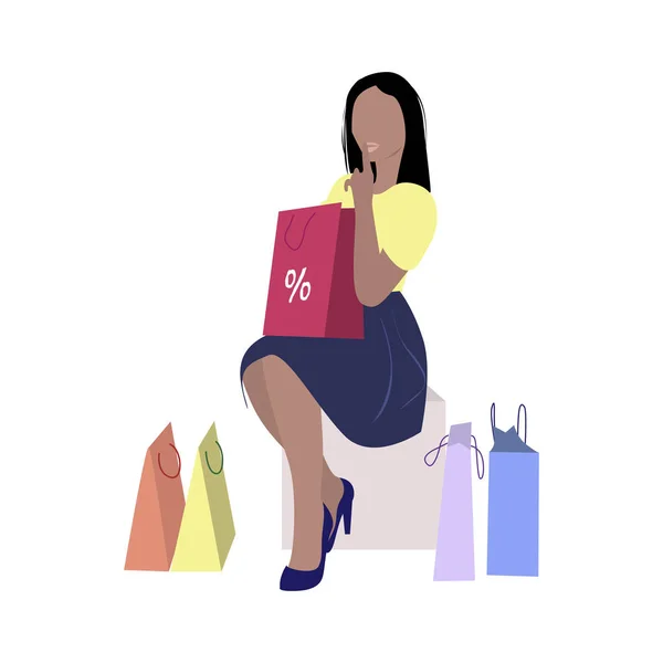 Mujer en boutique con compra. Comprador y paquetes — Archivo Imágenes Vectoriales