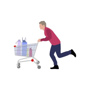 Süpermarketten gelen el arabası dolu bir adam. Vektör karakter hipermarketten kaçtı, alışveriş sonrası el arabası olan kişi, alışveriş merkezinde sepeti olan illüstrasyoncu adam, alışveriş arabasıyla alışveriş yapan koca.