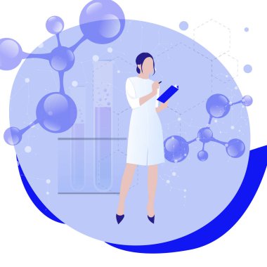 Laboratuvar önlüklü kadın bilim adamı moleküler bağlantıyı araştırıyor. Biyokimya, araştırma, analiz kavramı. Vektör bilimsel algoritma, ai nörobilim bağlantısı illüstrasyonu