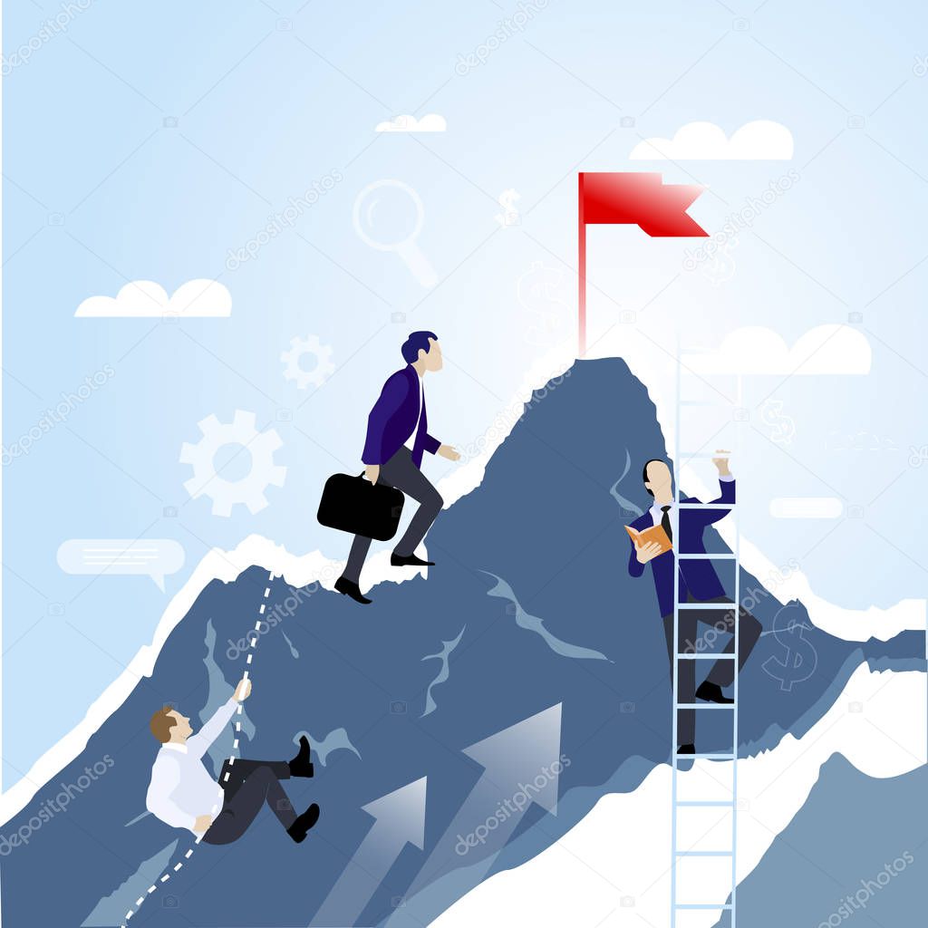 Teamwork concep. Businessmen together rise on mountain with flag. Vector mission company achieve top, illustration of collaboration and achievement, partnership growth success