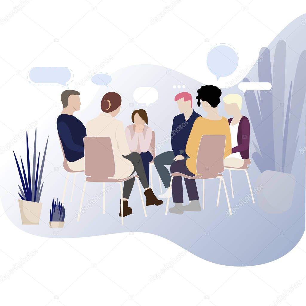 Group therapy for addiction people, support meeting psychology. Illustration group conversation psychotherapy, therapy session vector, psychological probelem in circle support