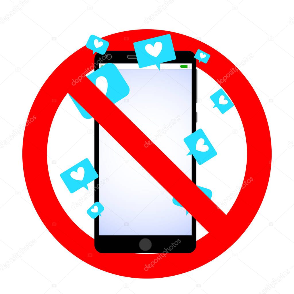 No social media icon, like and heart ban. Forbidden virtual confession, ban social media, prohibited and caution like addicted. Vector illustration