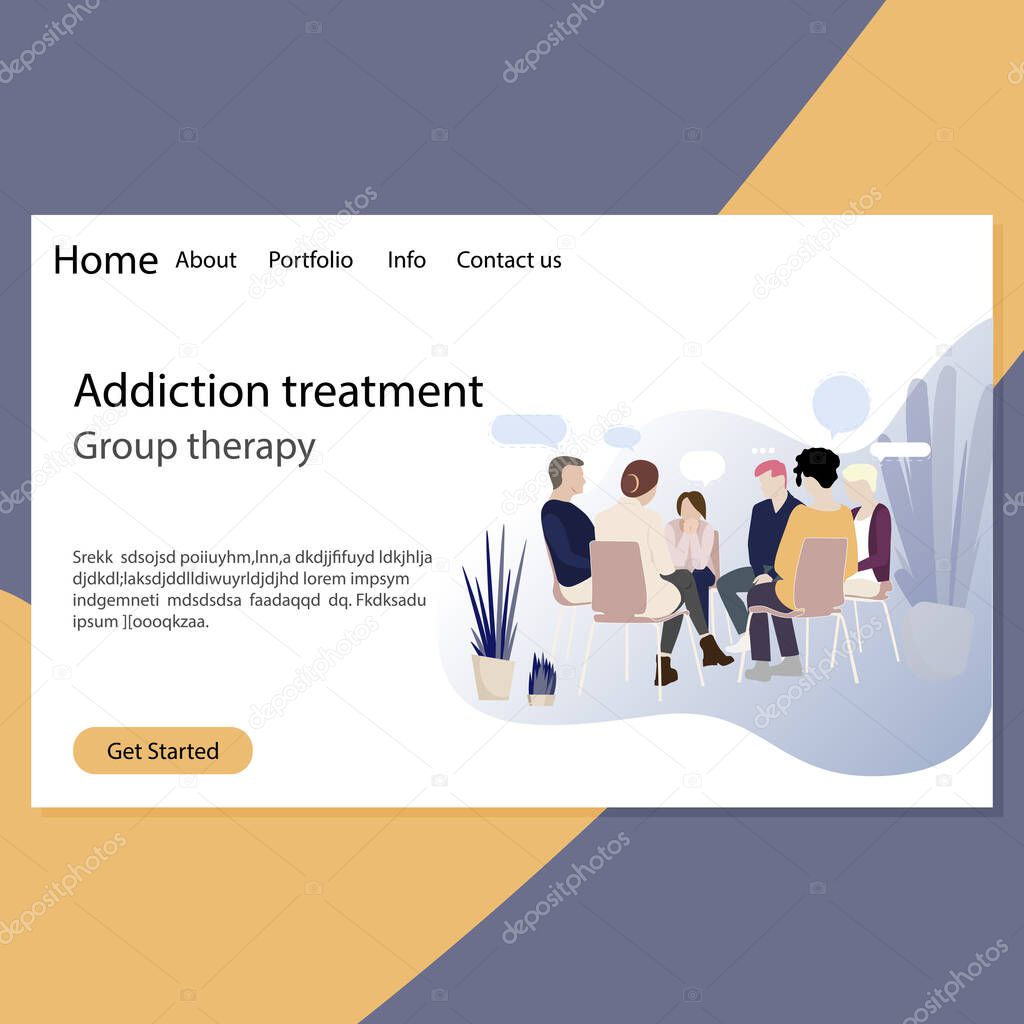 Addiction treatment, group therapy landing page. Psychotherapy session for addiction people, group counseling, doctor medical with patients