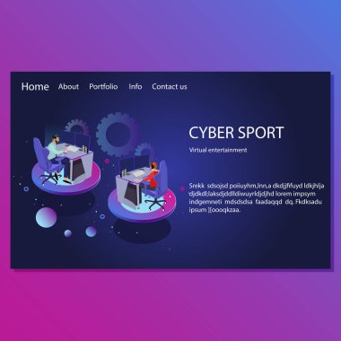 Siber spor iniş sayfası. Sanal eğlence. İllüstrasyon çoklu oyuncu ve siber yarışma, oyuncu eğlence kulübü web sitesi vektörü