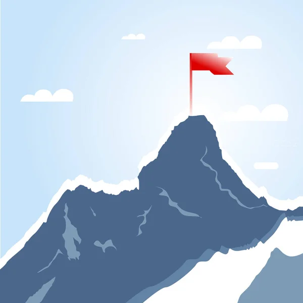Bergtop Met Rode Vlag Succes Doel Topklimprestatie Succesvolle Leiderschapsuitdaging Vectorillustratie — Stockvector