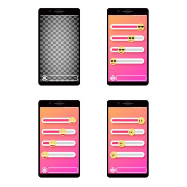 Kaydırma çubuğu arayüzü koleksiyonu. Uygulama arayüzü sosyal medya için hikaye ruh hali geribildirimi göstergesi, gülen yüzlü kaydırıcı yanıt ögeleri. Vektör illüstrasyonu