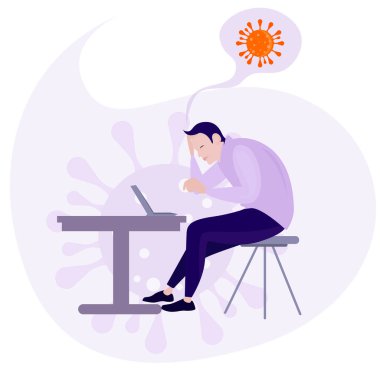 Depresyondaki adam virüs salgınından endişeleniyor. Vektör salgını bunalımı, salgın salgını, adam bunalımlı çöküşü resmetmeyi düşünüyor.