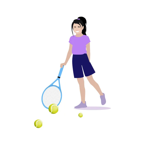 女の子は白で隔離されたテニスをする 女の子はラケットとボールテニスで遊ぶ イラストアスリート孤立活動イラスト — ストックベクタ