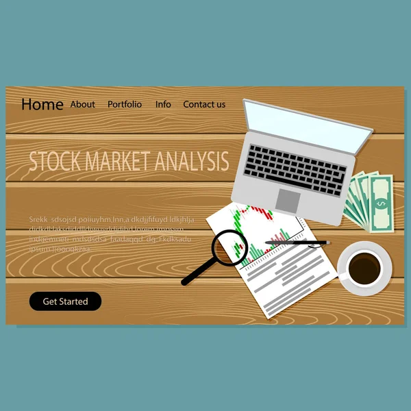 Aktienmarktanalyse Zielseite Website Finanzinvestitionen Handelsgeschäft Vektorillustration Management Finance Analytics — Stockvektor
