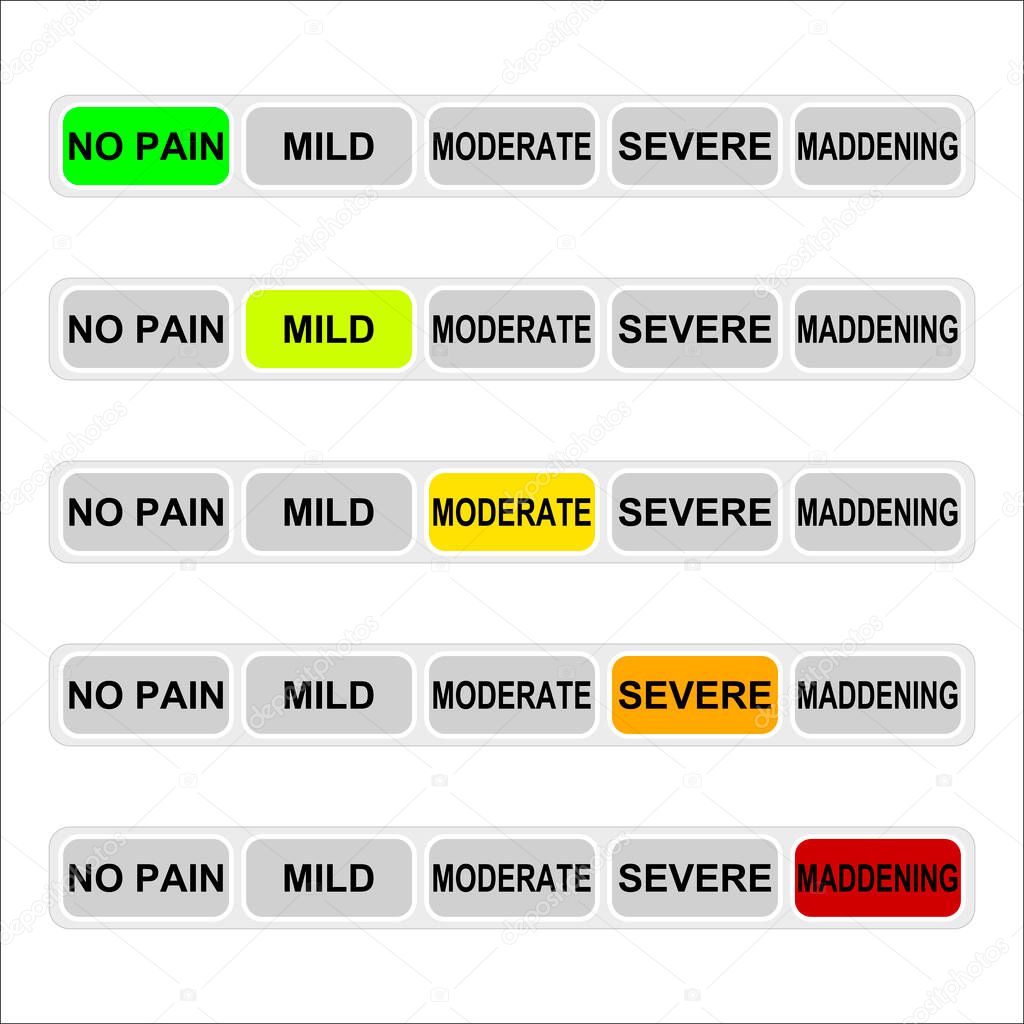 Level pain indicator, light button set. Vector evaluate and measurement, moderate measure, high diagnosis, maddening level illustration
