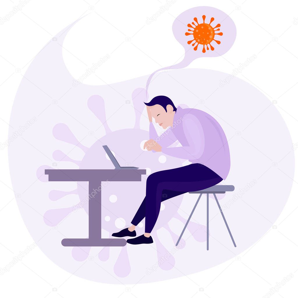 Depressed man worry about virus epidemic. Vector epidemic depression, pandemic outbreak, man think about covid collapse illustration
