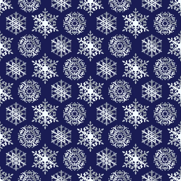 Νιφάδες χιονιού σε σκούρο μπλε φόντο χωρίς ραφή πρότυπο — Διανυσματικό Αρχείο