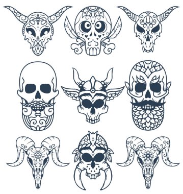 Dekoratif şeker kafatası illüstrasyonlar, Ölülerin günü için büyük veya baskılı farklı ürünler üzerinde bir dizi.