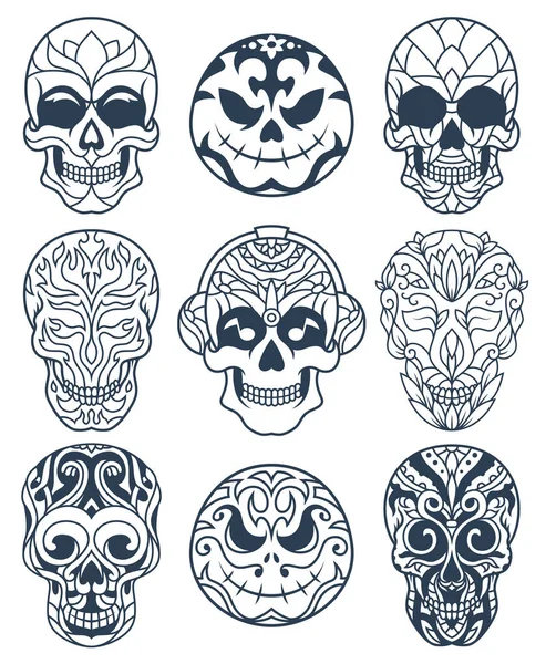 Um conjunto de ilustrações decorativas do crânio de açúcar, ótimas para o Dia dos Mortos ou impressas em diferentes produtos . — Vetor de Stock